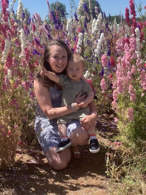 Rory and I in the confetti fields with Rory pointing